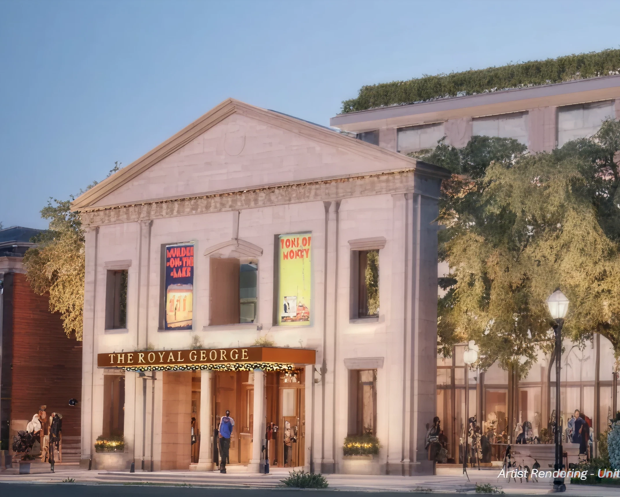 Historic theater building with evening lights